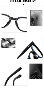 Macrodetails van zwarte retro anti-blauw licht bril met metalen scharnier en uiteinden.