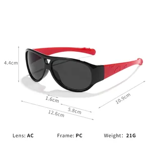 Professionelle Kinder-Pilotenbrille mit schwarzem Rahmen, roten Bügeln und Maßen