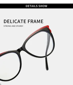 Primo piano dettagliato della delicata montura per occhiali cat-eye con design color-block