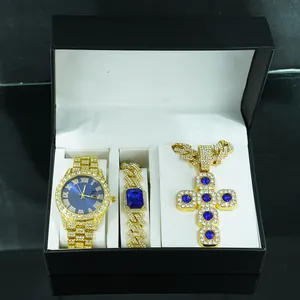 Set regalo gioielli hip hop con collana a croce bracciale e orologio con pietre blu