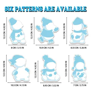 Dimensions of six unique light blue snowman DIY stickers in centimeters and inches