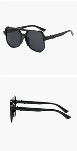 Detailed side and front views of black oversized double bridge aviator sunglasses