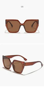 Detailed views of stylish brown square cat-eye sunglasses featuring UV protection