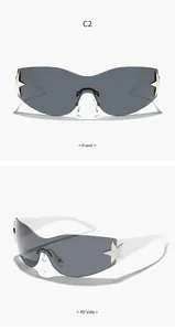 Vistas frontal y lateral de 45 grados de gafas de sol de escudo futurista con estrellas
