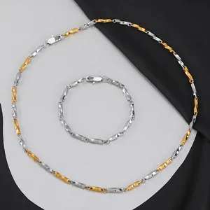 Detail showing two-tone gold and silver stainless steel twisted link necklace and bracelet set