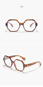 Detail showing front and side views of tortoise shell polygonal anti-blue light glasses