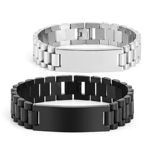 Bracelet Unisexe en Acier Inoxydable Style Bracelet de Montre Plaque Courbée Gravable Chaîne Bijoux de Mode Occidentale