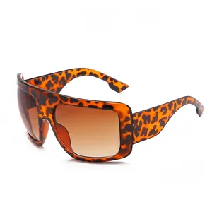 Fashionable leopard print oversized shield sunglasses for women with brown gradient lenses