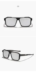 Vistas detalladas de gafas de sol deportivas rectangulares negras con lentes de espejo plateadas