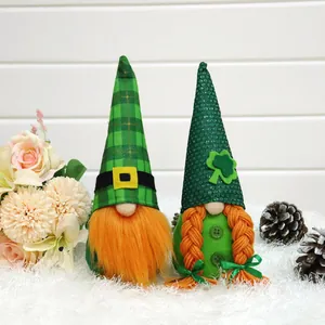 Detailed view of green St. Patrick's Day gnomes featuring shamrock and orange braids.