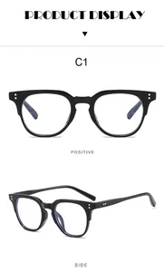 Gedetailleerde weergaven van zwarte retro anti-blauw licht bril met klinknagels