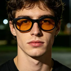 Gafas de sol negras con cristales naranjas en un modelo masculino moderno