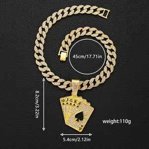 Detailed dimensions of iced out hip hop poker pendant with gold Cuban chain
