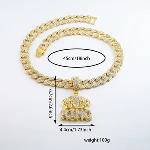 Gold iced out crown KING pendant hip hop Cuban chain necklace with dimensions shown
