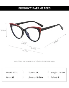 Parametri e misure dettagliate del prodotto per occhiali da vista TR cat-eye alla moda