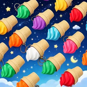Bunte 3D-gedruckte Eiscreme-Fidget-Toy-Schlüsselanhänger vor einem Sternenhimmel.
