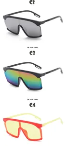 Kids oversized shield sunglasses available in grey, rainbow, and yellow tinted lenses.