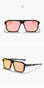 Vistas detalladas frontal y lateral de gafas de sol deportivas con lentes de espejo.