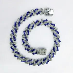 Close-up of 15mm iced out Cuban chain with blue and white rhombus links