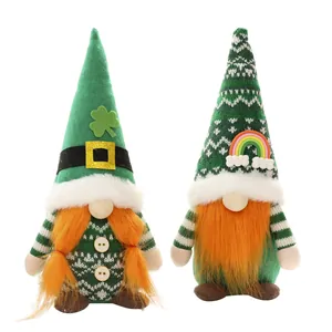 Pair of decorative St. Patrick's Day faceless gnome plush dolls with clover and rainbow hats.