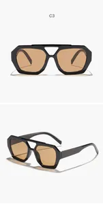Detailed views of black irregular sunglasses with amber lenses and double-bridge design
