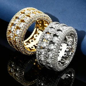 Bague Large Hip Hop pour Hommes Cuivre Zirconia Ajouré Double Rangée Incrusté Or Argent Plaqué Punk Street Style Bijoux