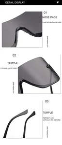 Detail views of oversized shield sunglasses showing nose pads and sturdy temples
