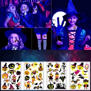 Halloween Fluorescent Kids Temporary Tattoo Stickers Cartoon Pumpkin Witch Bat Glow In The Dark Water Transfer Tattoo For Party Decoration