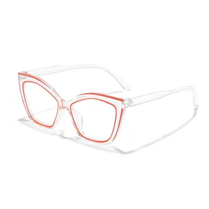 Stylish transparent cat-eye glasses with vibrant red inner frame trim for travel outfits