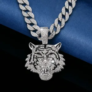 Iced Out Tiger Kopf Anhänger Halskette Legierung Strass Panzerkette Für Herren Hip Hop Streetwear Schmuck