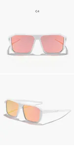 Vista frontal y lateral de gafas de sol deportivas blancas con lentes de espejo naranja