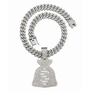 Chaîne cubaine de luxe en argent glacée avec pendentif sac d'argent dollar