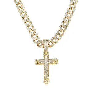 High-quality gold-plated Cuban link necklace with iced-out rhinestone cross pendant for men
