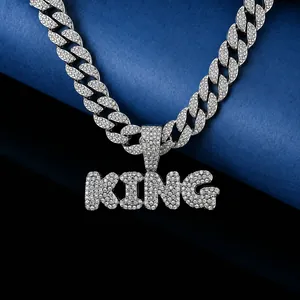 Collier Pendentif Lettre KING Hip Hop Hommes Alliage Strass Chaîne Cubaine Or Argent Violet Bijoux Décoration de Fête