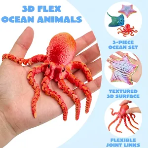 Gearticuleerde 3D-geprinte zeedierenset met flexibele octopus zeester en rog