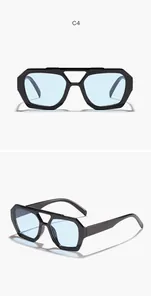 Detail view of black irregular double-beam sunglasses with light blue lenses