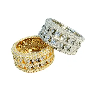 Bagues hip-hop de luxe à double rangée de zircons cubiques en or et argent pour hommes