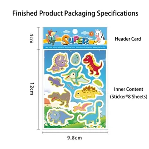 Product size specifications for cartoon dinosaur sticker set with header card packaging