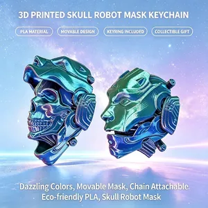 3D-gedruckter Totenkopf-Robotermasken-Schlüsselanhänger mit schillerndem Farbfinish