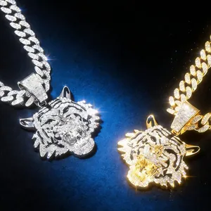 Vereiste Tigerkopf-Anhänger mit kubanischer Gliederkette in Gold und Silber für Hip-Hop