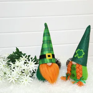 Detail view of handmade St. Patrick's Day gnomes with clover and orange beard