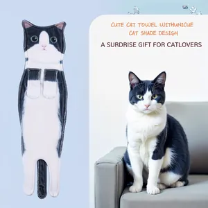 Realistic black and white cat shaped absorbent hanging hand towel for cat lovers
