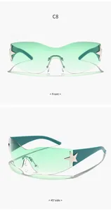 Vista frontal y lateral de gafas de sol verdes sin montura con detalles de estrellas
