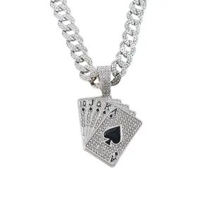 Iced-out silver Cuban chain necklace featuring a sparkling rhinestones poker card pendant