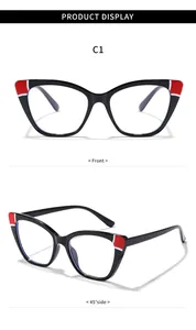 Detailansichten der schwarzen Katzenaugen-Brille mit roten Akzenten von vorne und der Seite