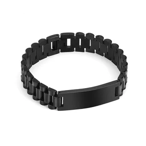 Bracelet en acier inoxydable noir style montre avec plaque d'identification gravable unisexe.