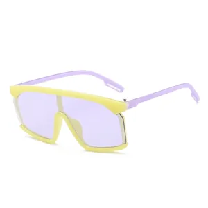 Fashionable oversized shield sunglasses for kids featuring yellow frames and purple lenses