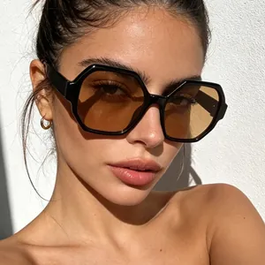 Stylish retro polygon sunglasses with thick black frame and tinted lenses worn by a model