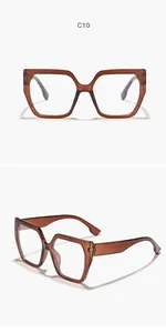 Professional front and side shots of trendy brown square cat-eye eyeglass frames