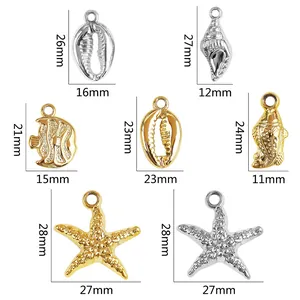 Assorted gold and silver shell and starfish CCB pendants with detailed dimensions shown